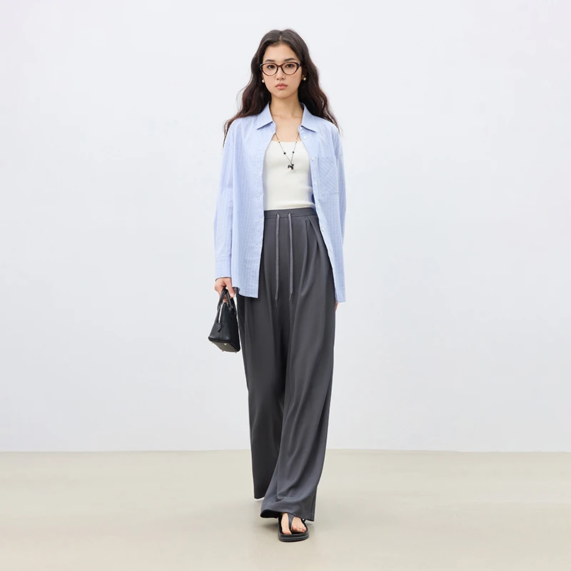 自巧小个子女装穿搭灰色阔腿垂感遮胯显瘦直筒休闲长裤 25ZQ91209
