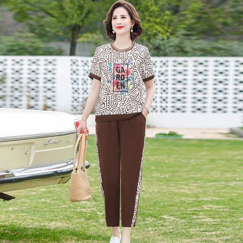 8768-妈妈夏装气质休闲两件套短袖T恤运动服套装女新款【B仓东】