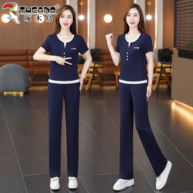 啄木鸟冰丝运动套装女夏薄款2025新款时尚洋气中年女士休闲两件套