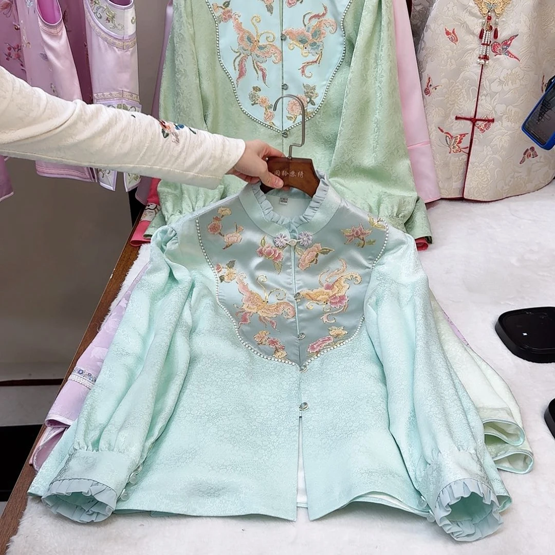 刺绣真丝木耳领衬衫 蓝色