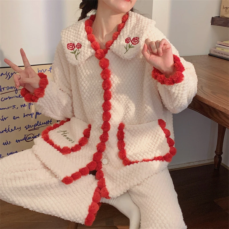 新款冬季睡衣女款珊瑚绒加绒加厚保暖法兰绒田园风家居服套装