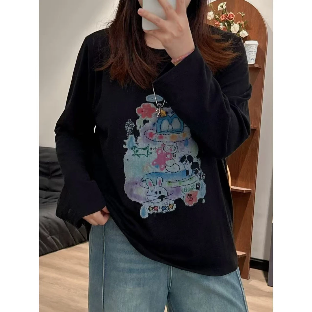 【咔咔】小可爱-印花长袖米白女士打底T恤宽松时尚卡通百搭K0440