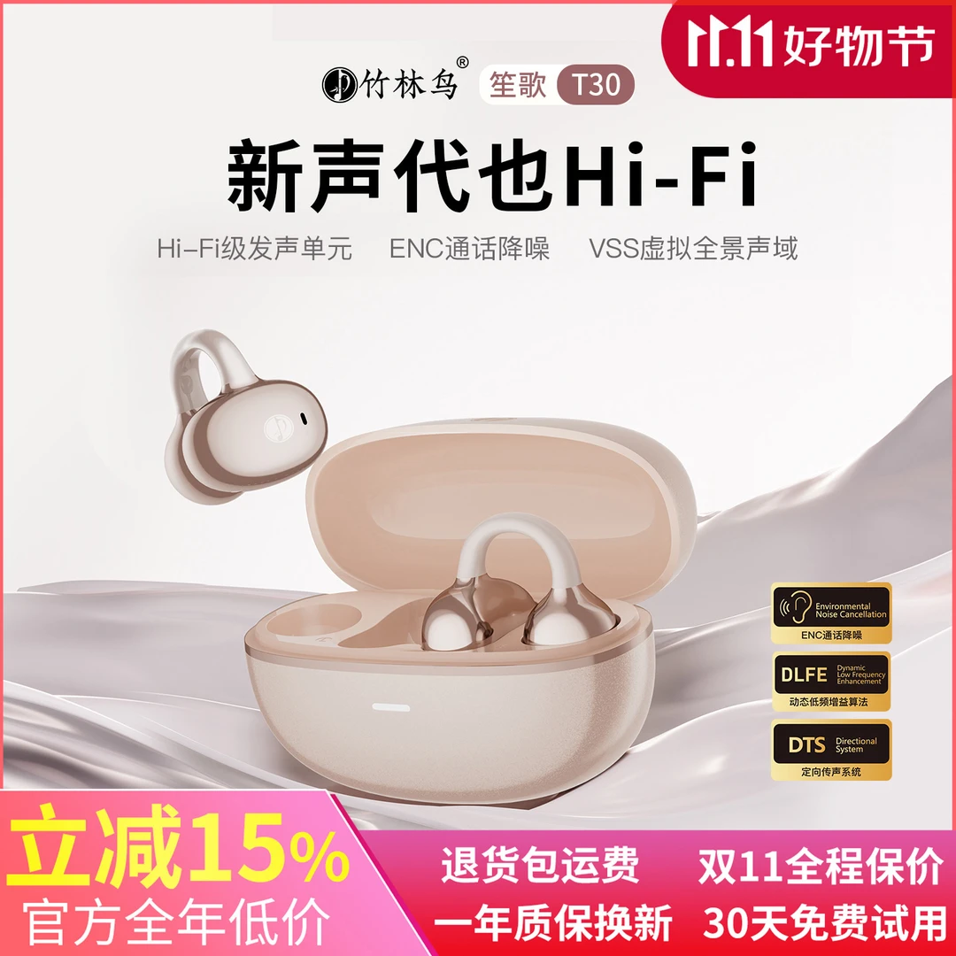 竹林鸟笙歌T30耳夹式气骨传导蓝牙耳机运动骑行跑步防汗HiFi无线