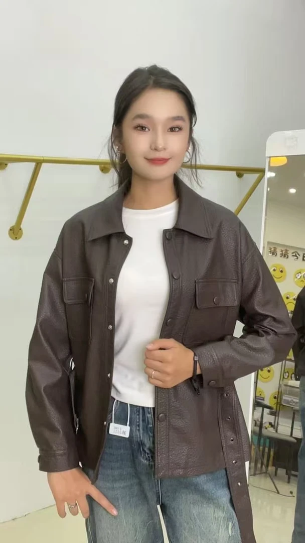 2025秋季女款休闲带腰带短款皮衣翻领宽松时尚百搭2519