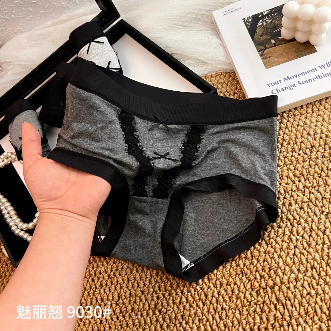 简约风五条灰色miu系薄款女士内裤中腰抗菌透气舒适三角裤头