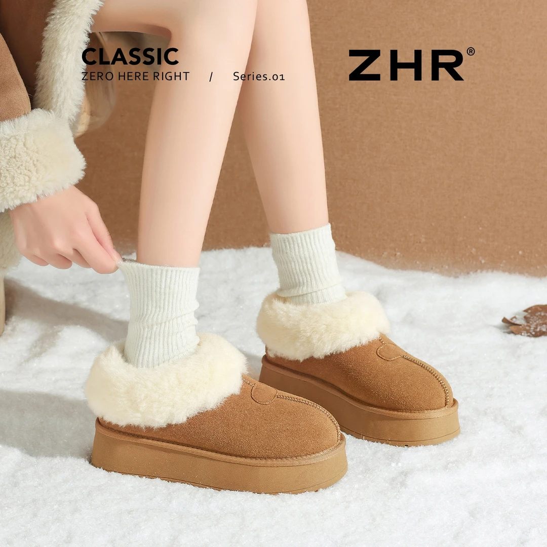 ZHR则则低筒雪地靴5CM厚底加绒包头毛毛鞋外穿增高保暖棉鞋IZ21