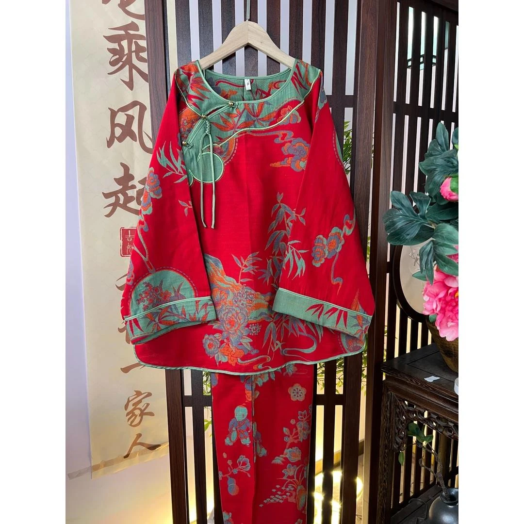 【轻奢】维多利亚2025年春季纯棉国风九分袖长裤家居服