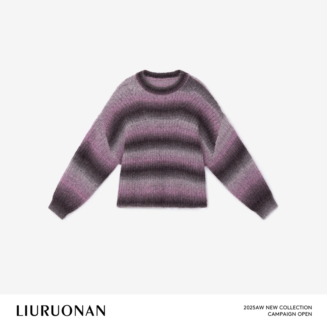 LIURUONAN 25FL【霓虹晚霞】渐变条纹圆领长袖毛衣宽松保暖针织衫女