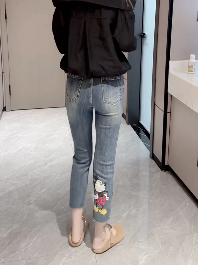 2025八分破洞牛仔裤烟管裤女夏季薄款大码微胖显瘦卡通裤子直筒裤