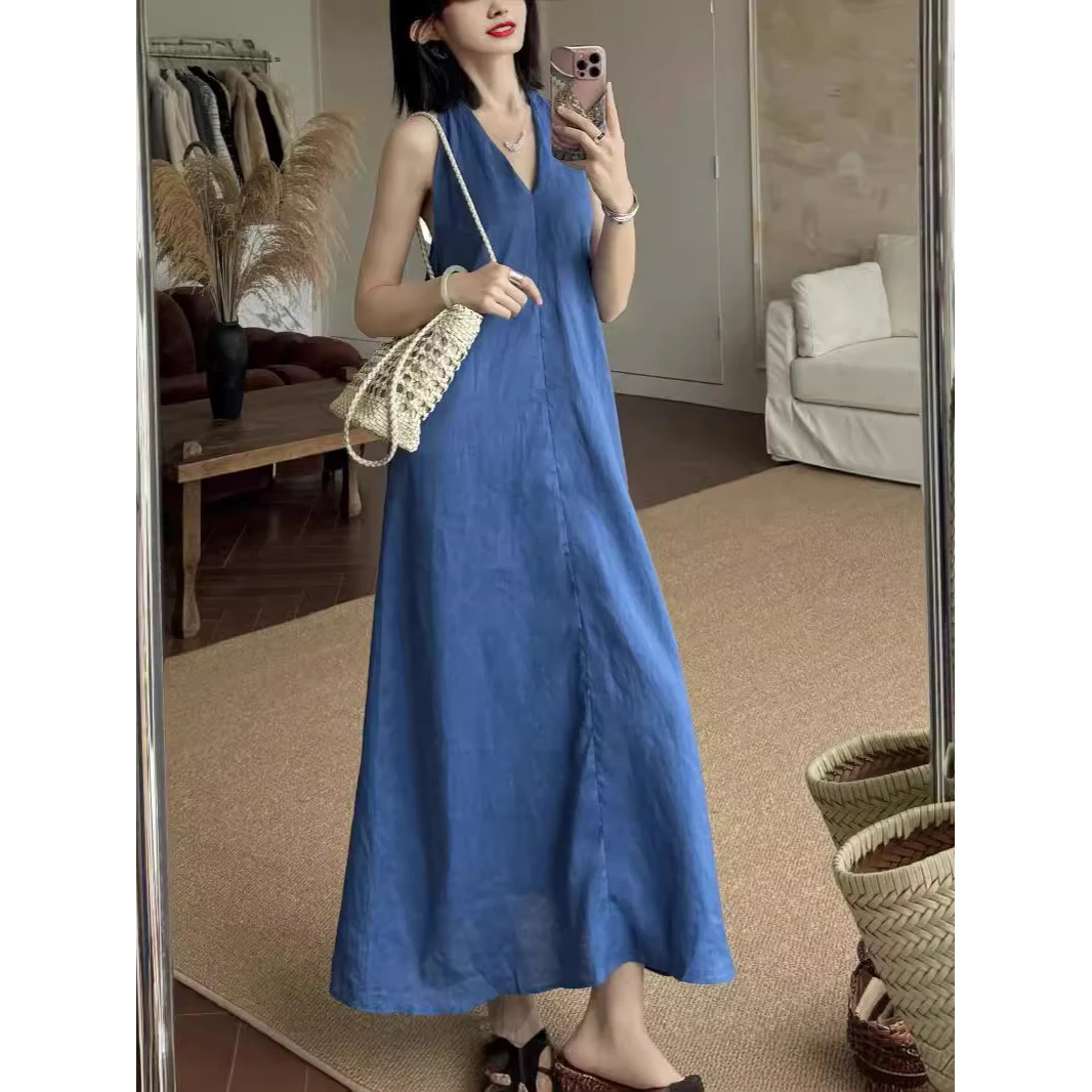 夏日新款衬肤蓝色系亚麻宽松收腰长款V领度假风法式女性连衣裙