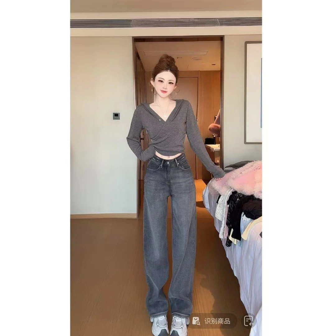 曼曼【冰种灰牛仔~】复古宽松直筒阔腿加绒牛仔裤女Z1639#