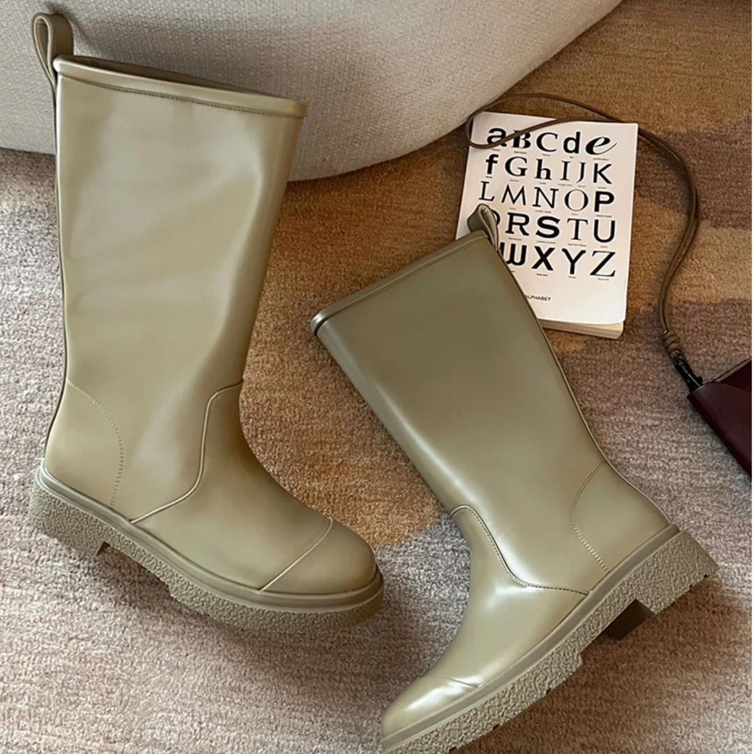 【断码特卖】美洋MEIYANG巴黎雨季中筒靴 加绒保暖低跟骑士靴S