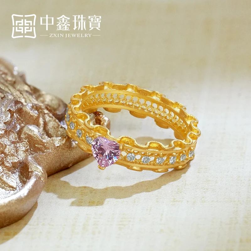 【中鑫珠宝】褶皱爱心黄金戒指镶嵌款足金戒指少女心蕾丝首饰 HR482