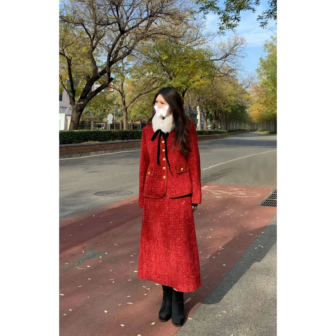 【笑笑专属运补6-8】微胖大码秋冬气质红色羽绒小香风毛领套装5255