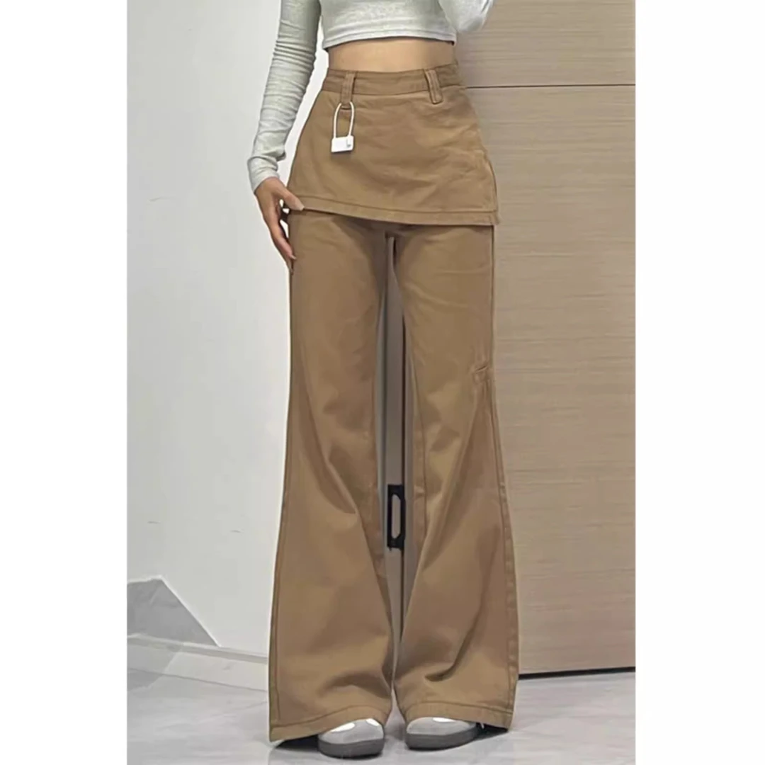 卡其色屁帘微喇牛仔裤女2026春夏慵懒风休闲假两件阔腿马蹄长裤子