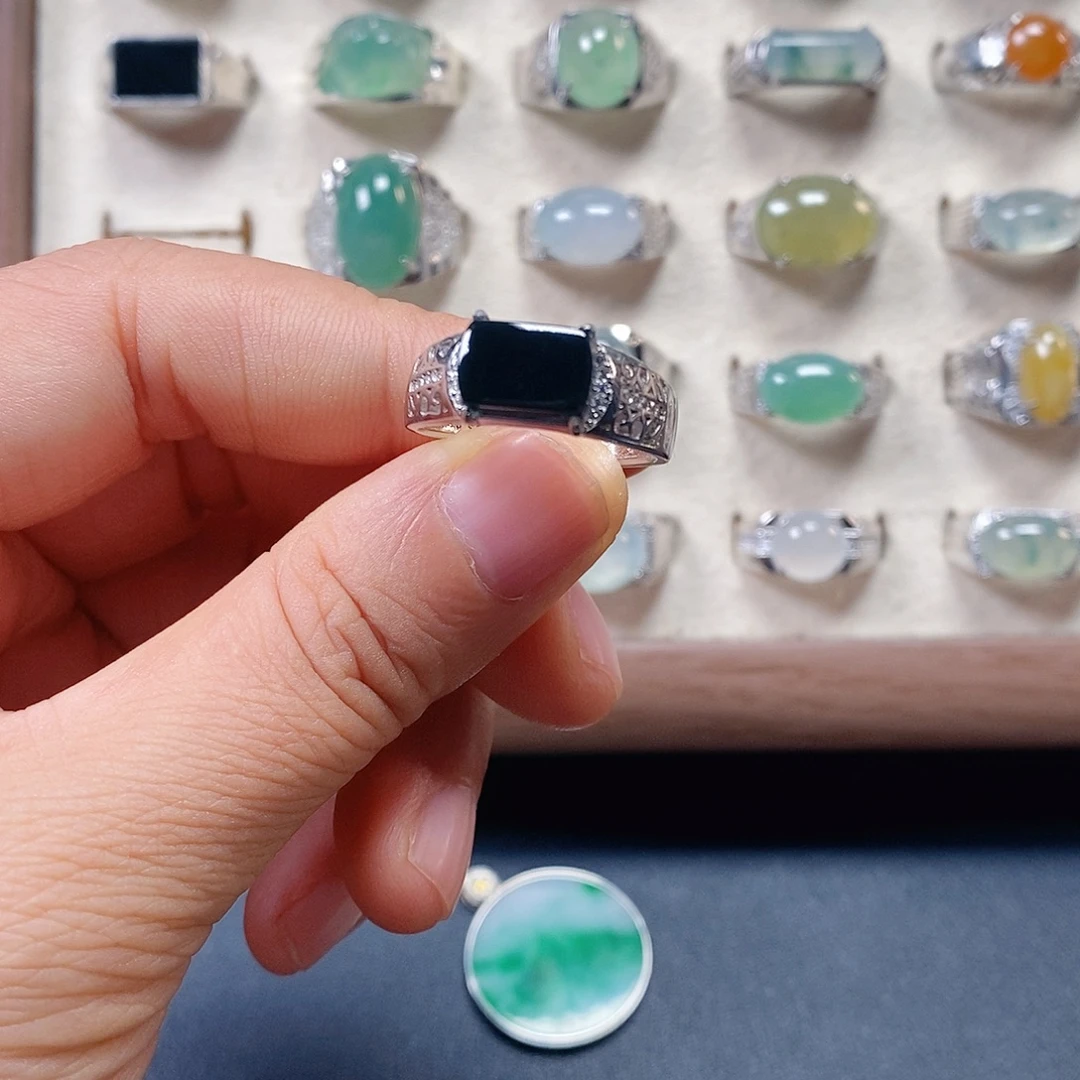 我***鱼翡翠银S925镶嵌戒指