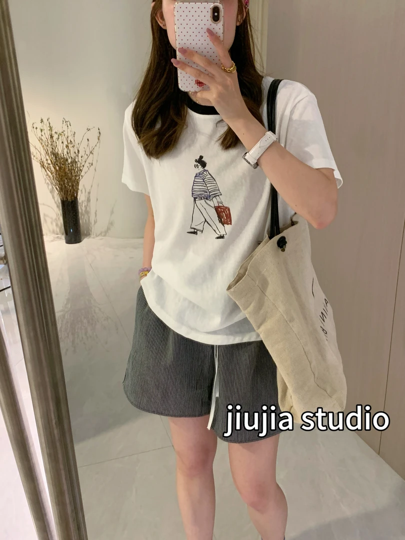 九佳 【出圈】时尚休闲宽松圆领纯色百搭韩版短袖T恤简约印花