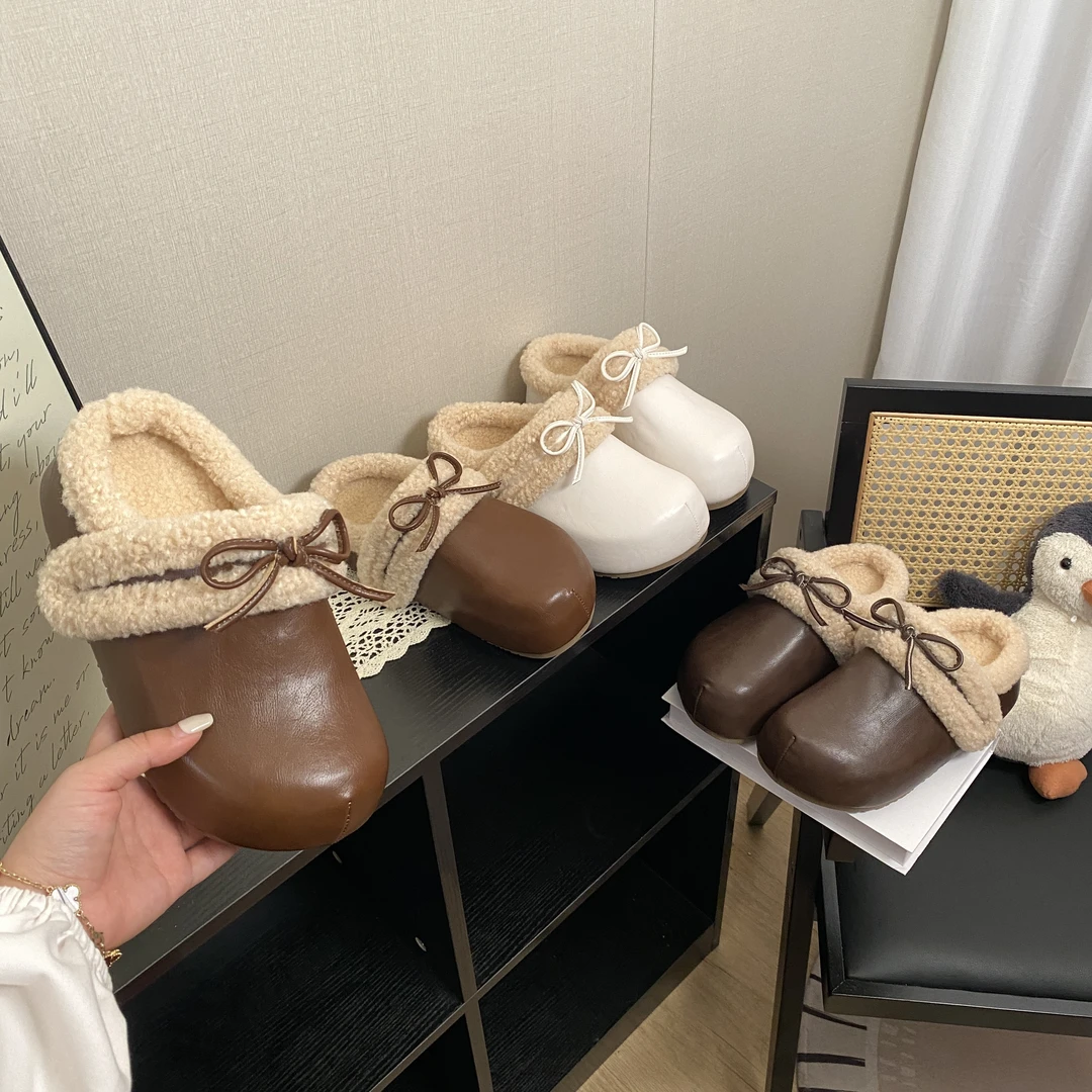 冬季新款百搭加绒韩版皮面女款蝴蝶结2025内增高外穿勃肯鞋包头拖