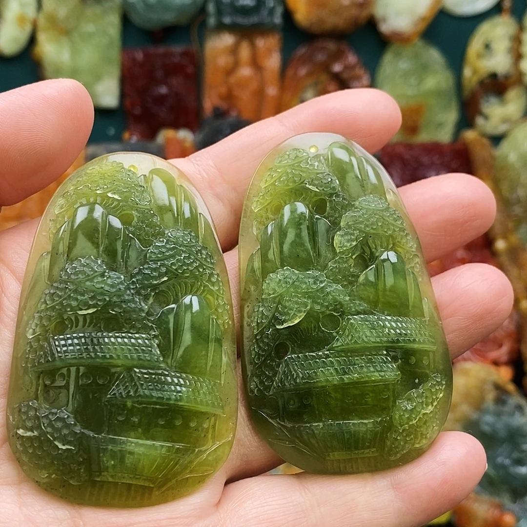 蛇纹石玉未镶嵌颈饰福利手工山水牌送链子一对