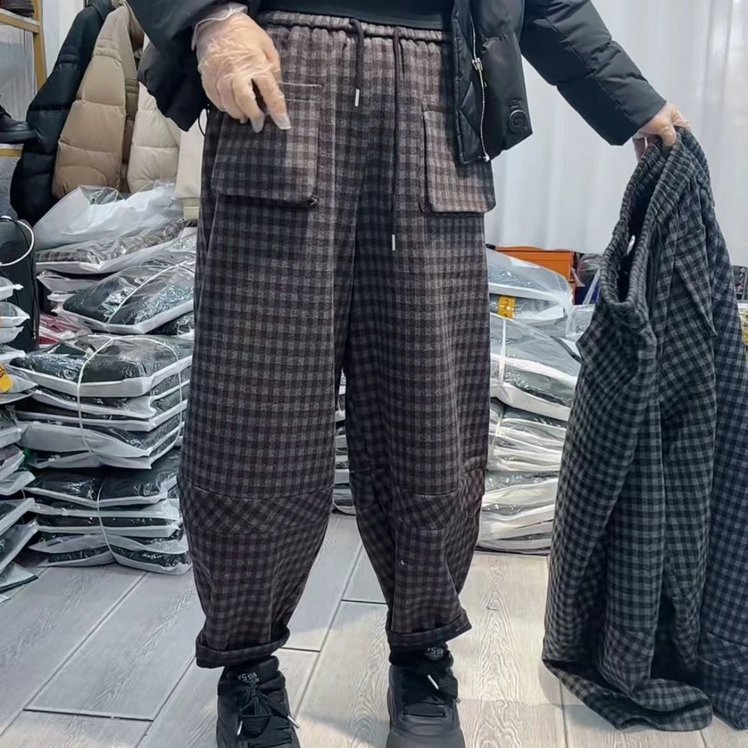 阔板休闲个性毛料格子老爹裤时尚潮流宽松加绒