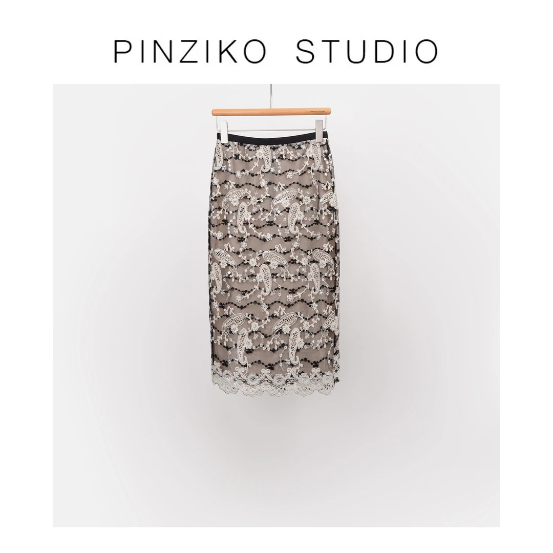 pinziko黑白调~夏季轻奢定制立体定位亮片蕾丝绣花半身裙TJF111