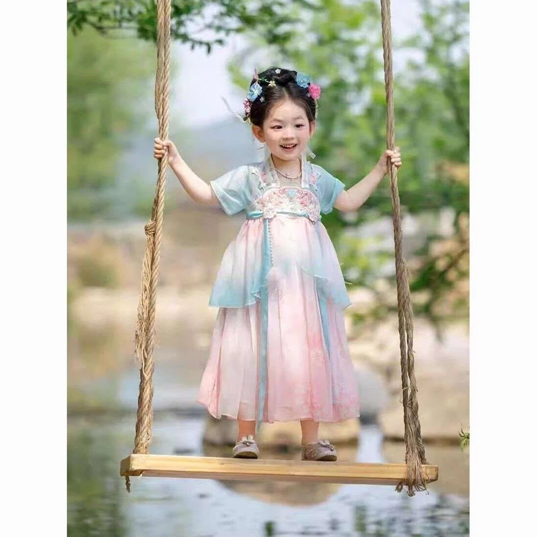 女童汉服襦裙夏季宝宝中国风古装短袖超仙刺绣中国风女童刺绣襦裙