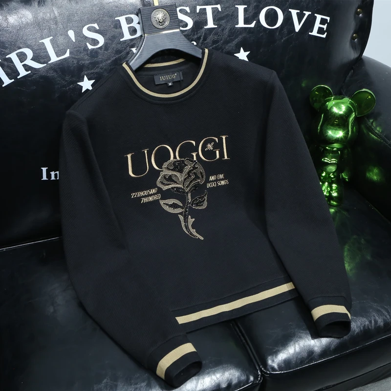 克里斯欧洲站春秋刺绣卫衣男士轻奢潮流圆领套头长袖时尚打底衫