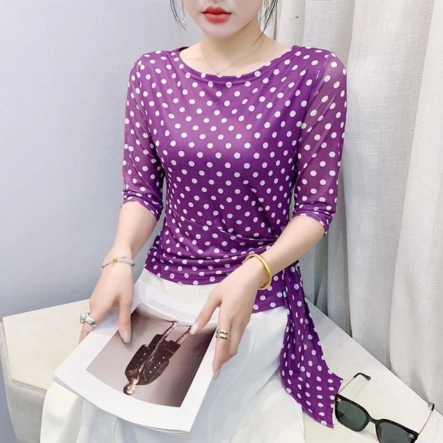 设计感不规则系带上衣女春夏时髦波点中袖T恤收腰显瘦网纱小衫潮
