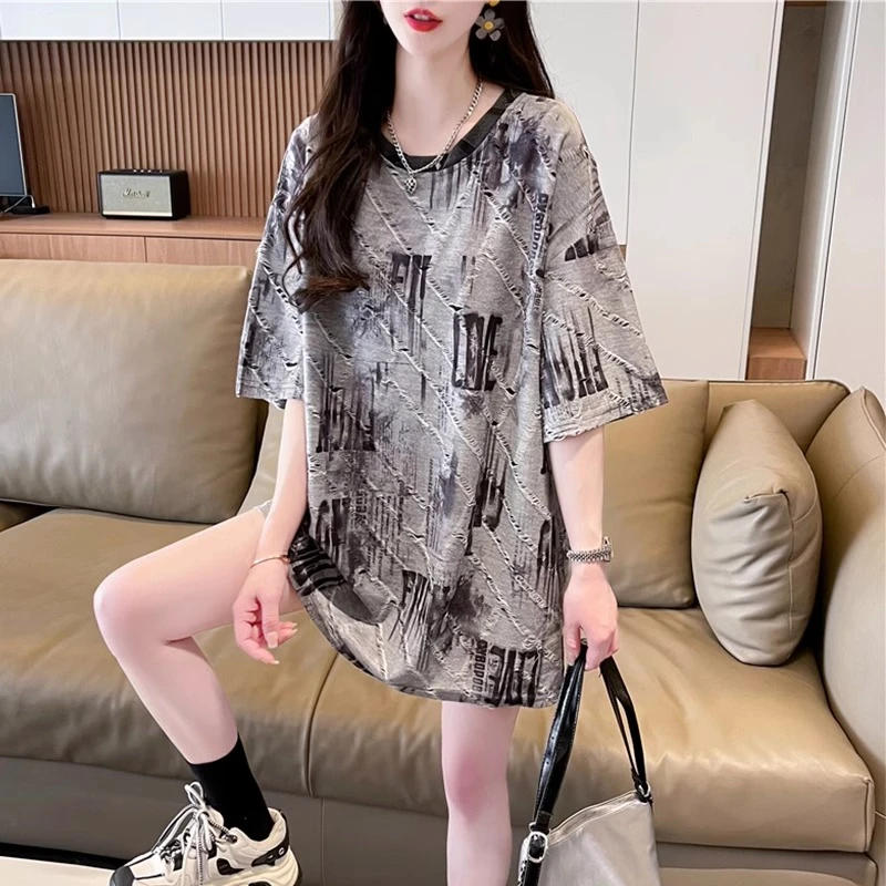 欧货大版中长款短袖t恤女夏装2025新款宽松遮屁股洋气扎染上衣潮