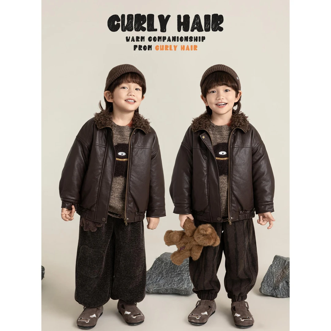 幼悠男童复古经典飞行皮夹克外套秋冬款洋气保暖儿童衣服潮N7496