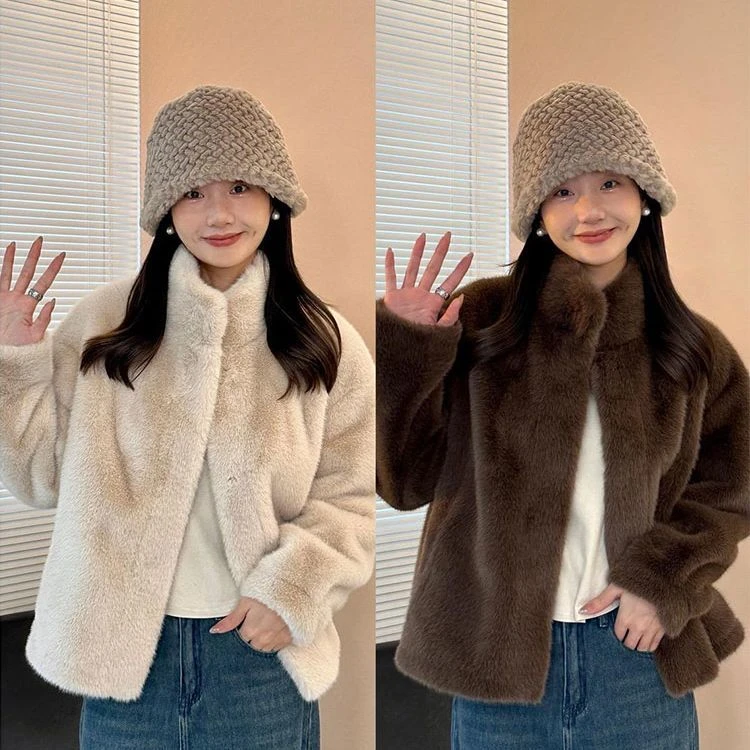 冬季立领仿水貂绒短款环保毛毛外套年轻款韩版皮毛一体睡衣