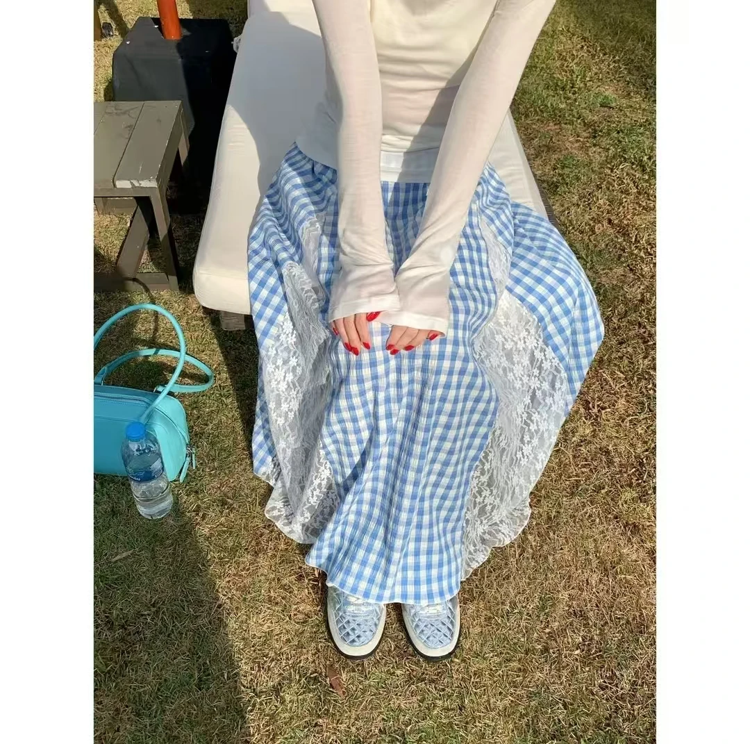 （W0184）格纹拼接蕾丝时尚气质宽松设计感休闲显瘦百搭半裙