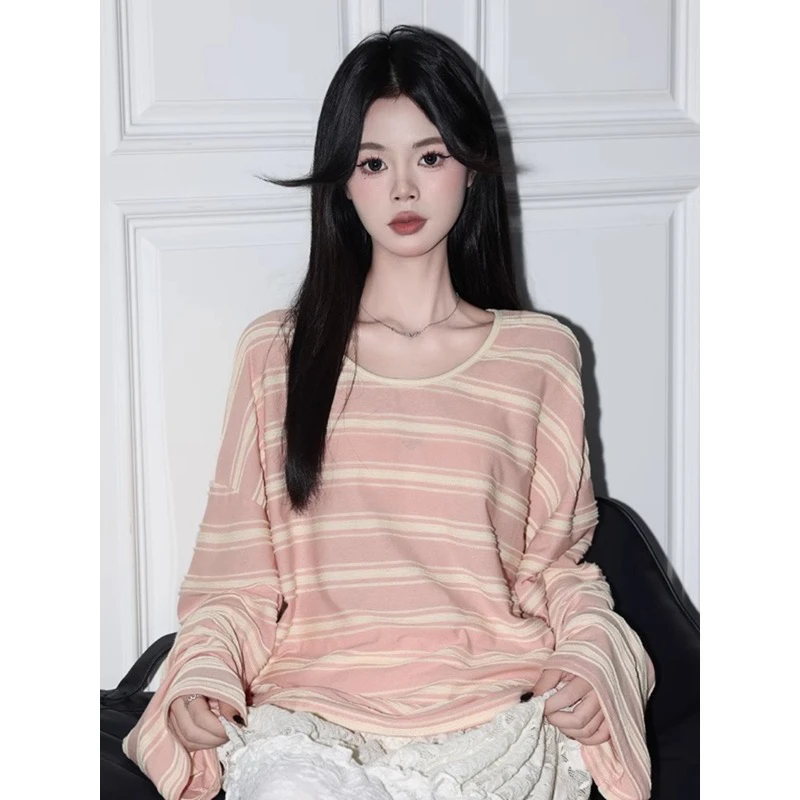 条纹显瘦圆领T恤长袖春秋排汗常规款吸汗针织宽松