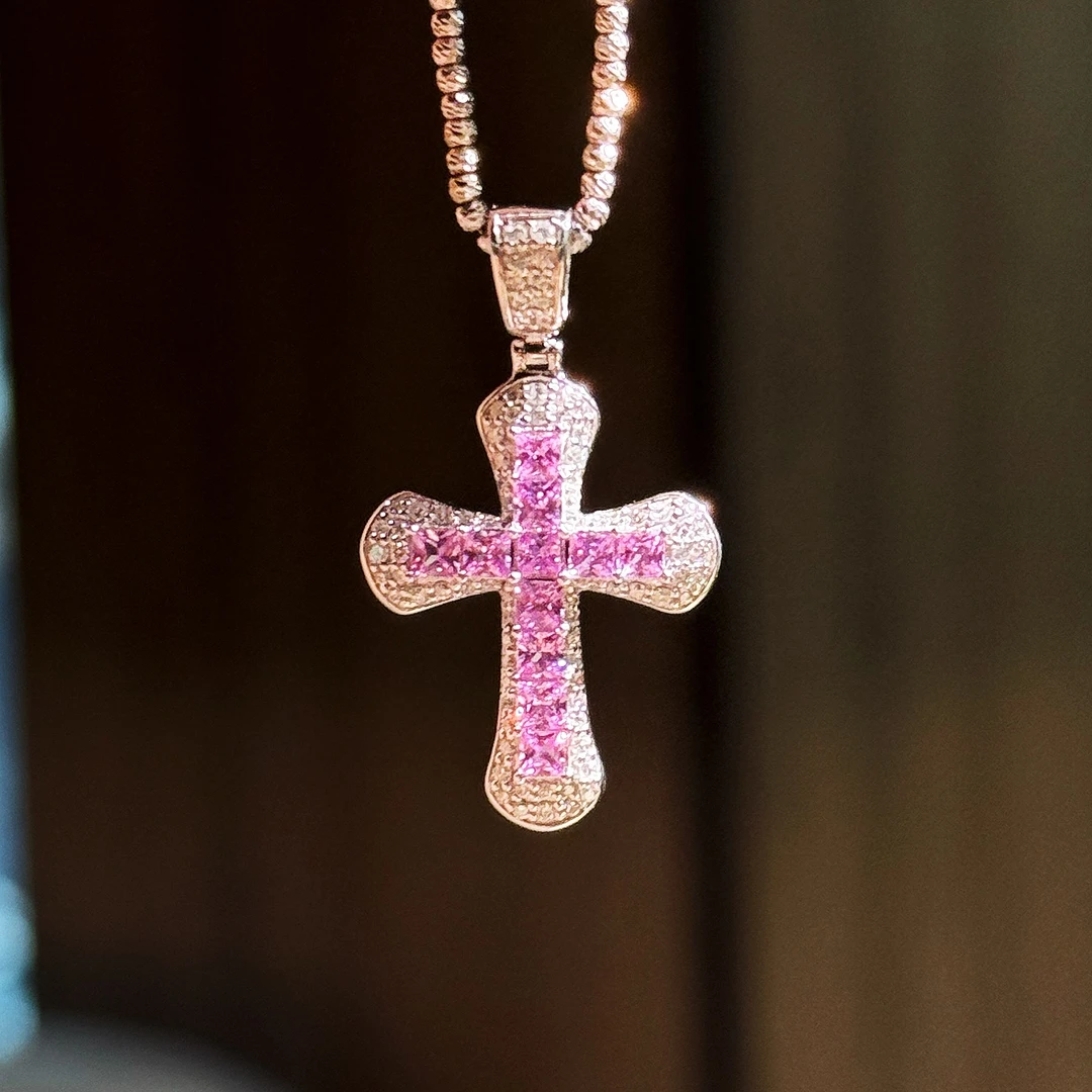 QANNA【豪镶十字架】【粉色少女心】18K金轻奢时尚钻石吊坠（不含链）AF