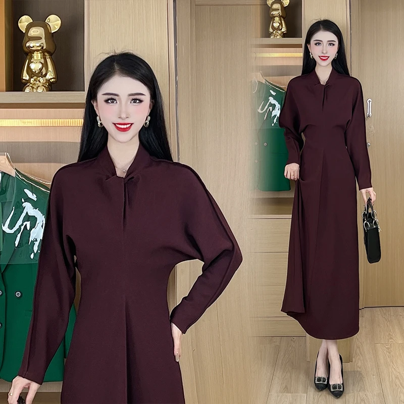 设计感高腰打褶长袖连衣裙气质收腰蝙蝠袖打底内搭外穿长裙DY106