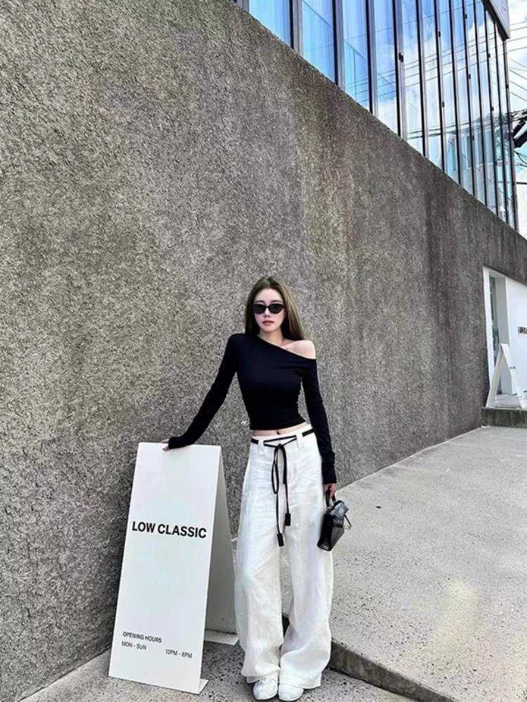 80056夏季新款纯欲御姐风辣妹斜肩设计感修身紧身显瘦长袖上衣