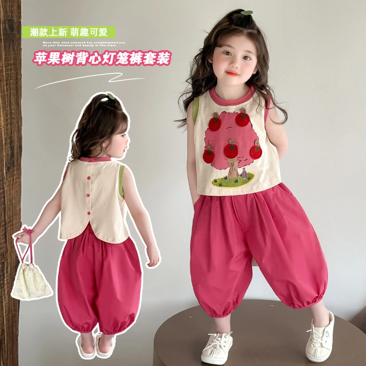 女小童2025夏季新款编织苹果树背心灯笼裤休闲套装