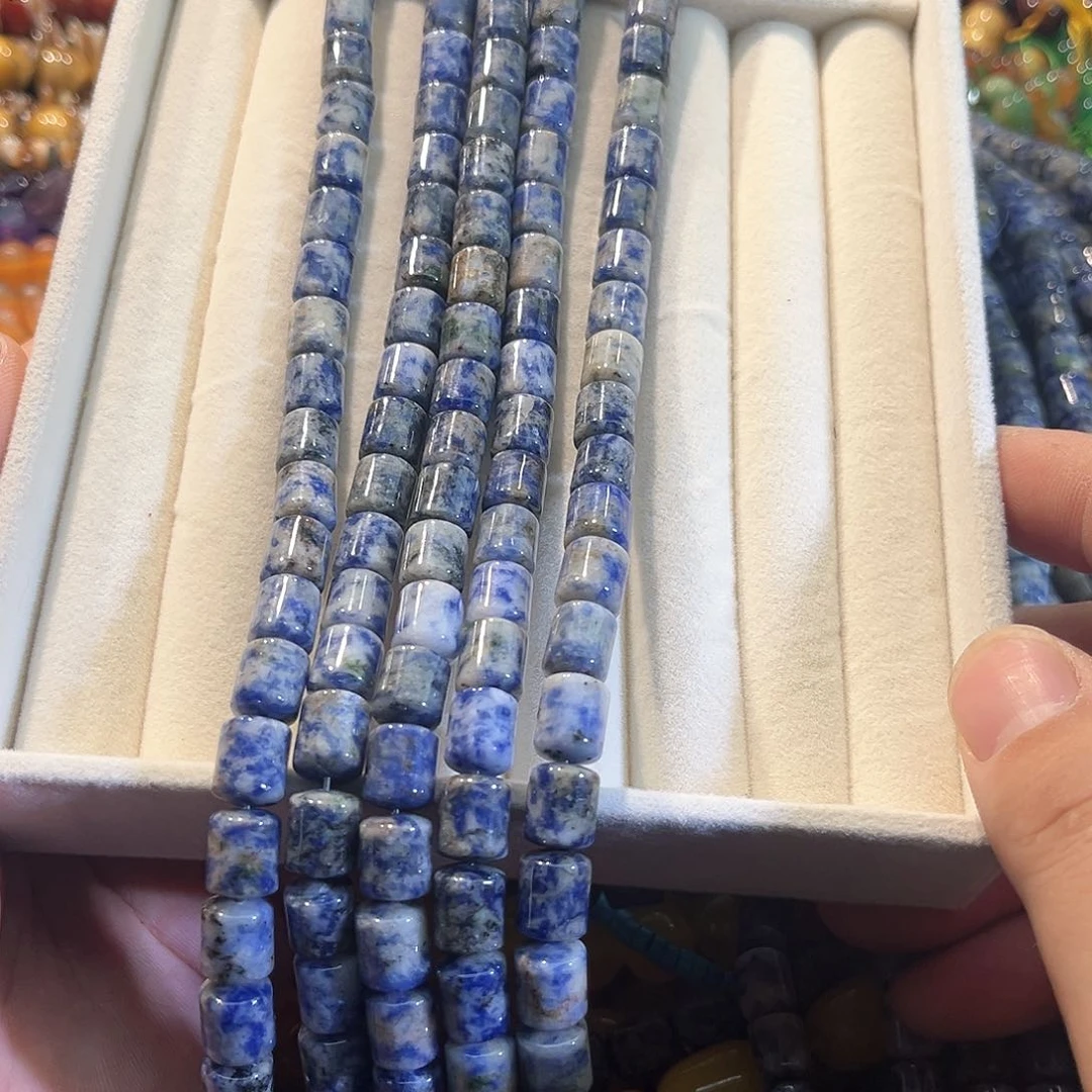 玛瑙/玉髓合金珠宝半成品蓝纹桶珠一条9x19mm