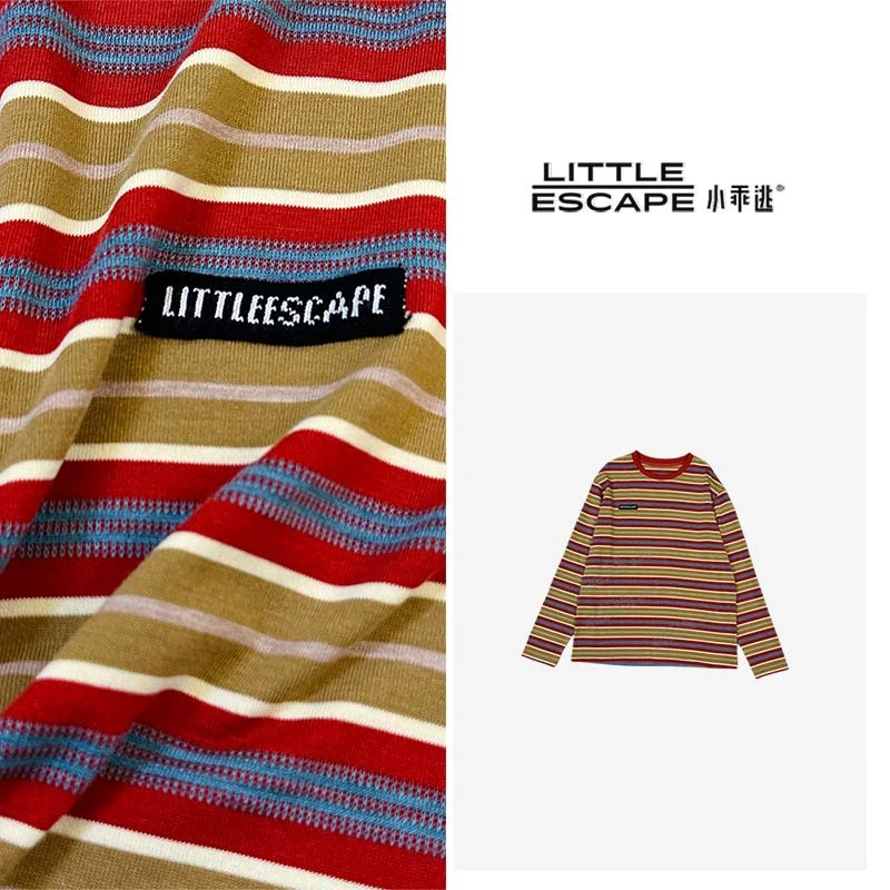 小乖逃X休闲领红色T恤条纹长袖红撞蓝绿彩虹慵懒风长袖S25575