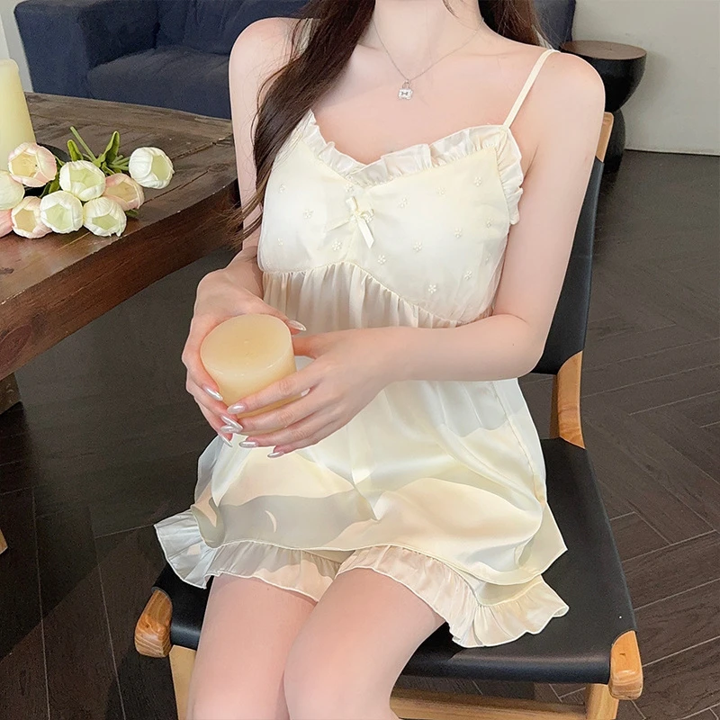 吊带短裤三件套法式夏季家居服冰丝凉爽带胸垫性感公主风