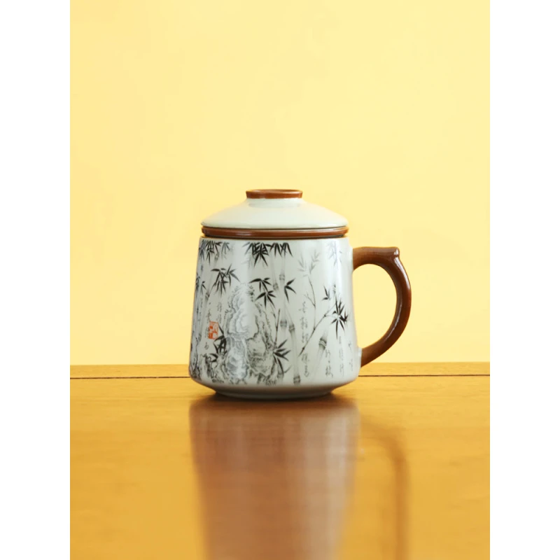 复古陶瓷汝窑墨竹三件套办公杯茶水分离杯（无礼盒）-4393