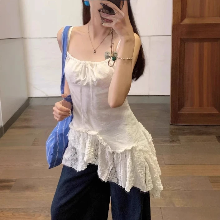 2025年春夏季时尚法式甜美设计感吊带上衣无袖背心裙斜边百搭显瘦