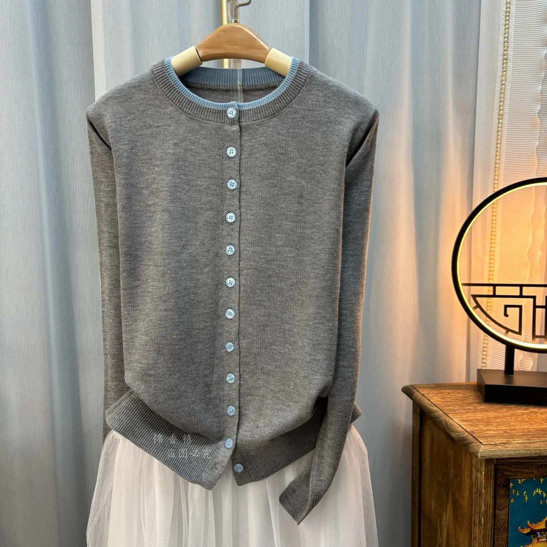 【H58灰色海蓝之梦】春装新款高定撞色系轻奢大牌气质圆领针织开衫