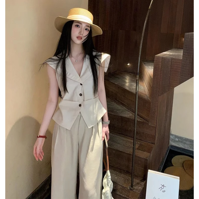 法式高级气质套装女海军领衬衫上衣直筒休闲裤西裤时尚减龄两件套