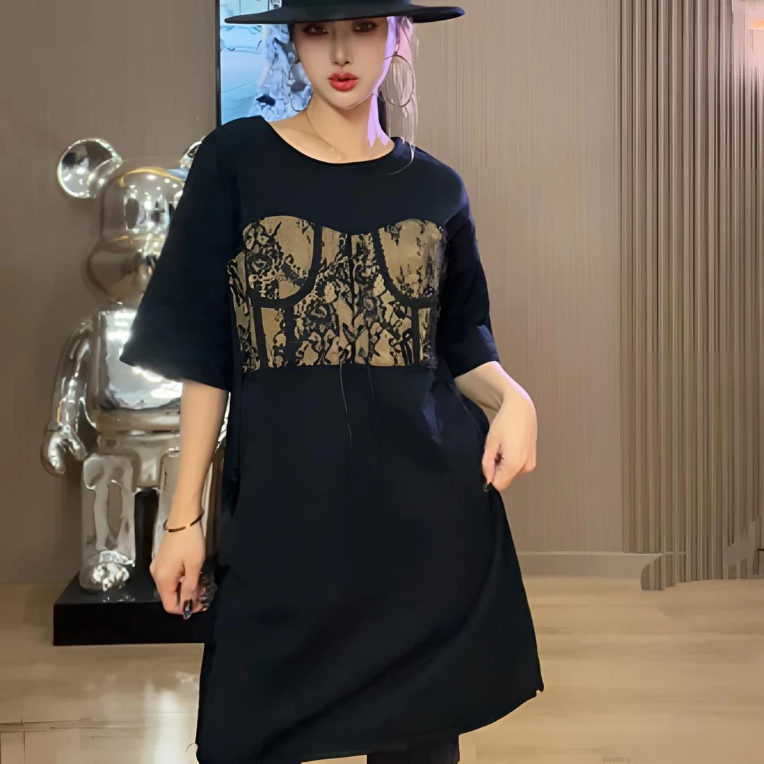 原创重工假两件套长T25春气质时尚拼接洋气黑色减龄潮流中长款
