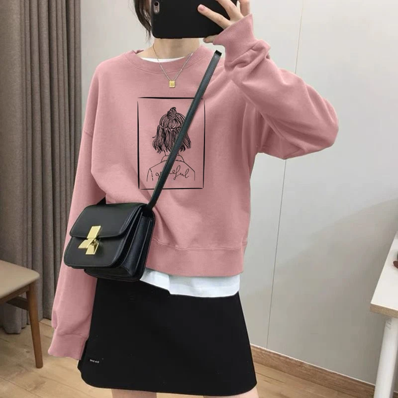 假两件圆领套头短款卫衣女加绒加厚秋冬上衣宽松小个子春秋薄款