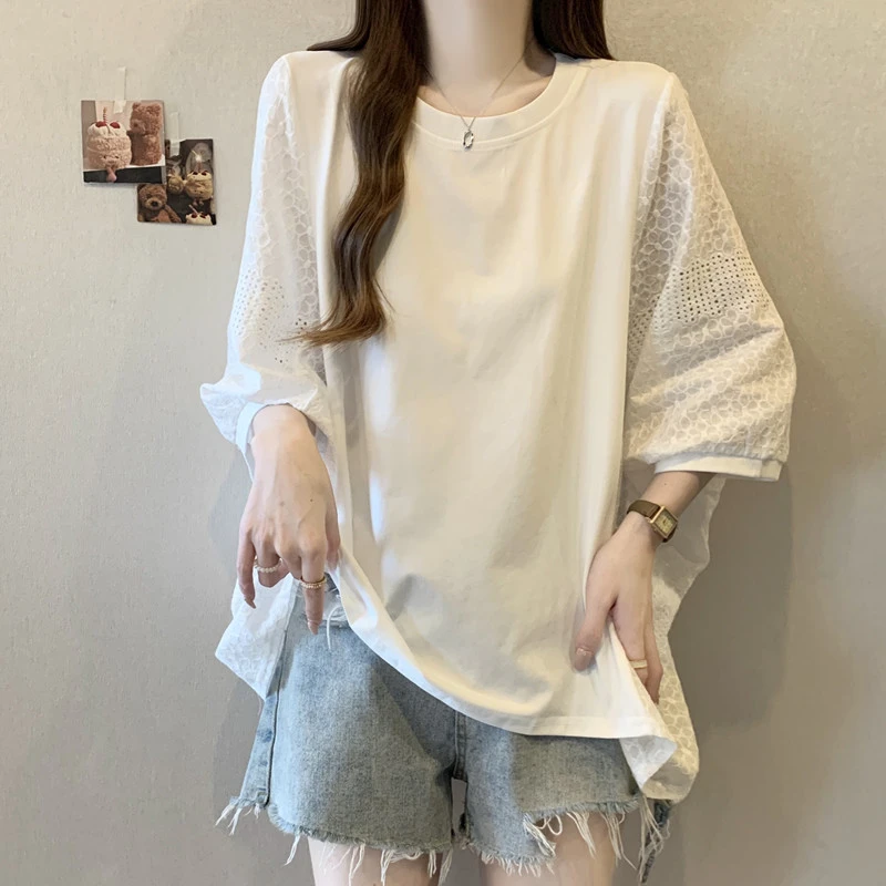 大码女装遮肚子圆领半袖t恤打底衫女夏季胖妹妹宽松显瘦正肩上衣