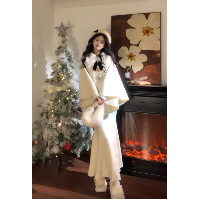 【Synw屁羊】留洋千金千金喇叭袖斗篷毛呢夹棉山茶花毛毛套装