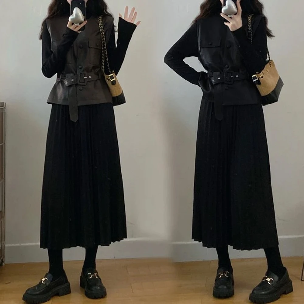 2025秋季搭配一整套大码女装胖mm打底长袖连衣裙马甲背心两件套装