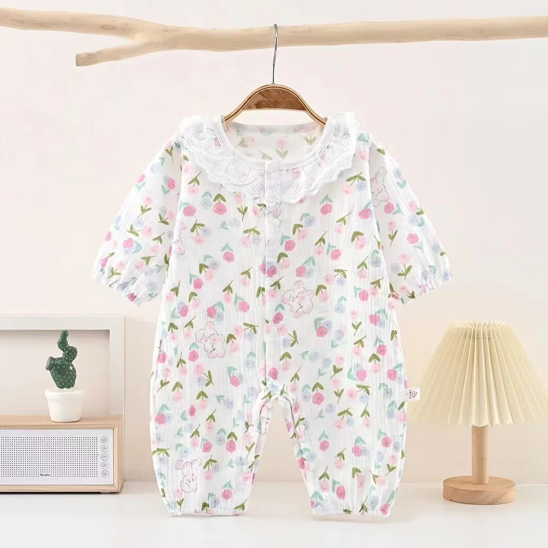 婴儿纯棉连体衣长袖薄款夏季新生儿贴身睡衣纱布透气爬服哈衣